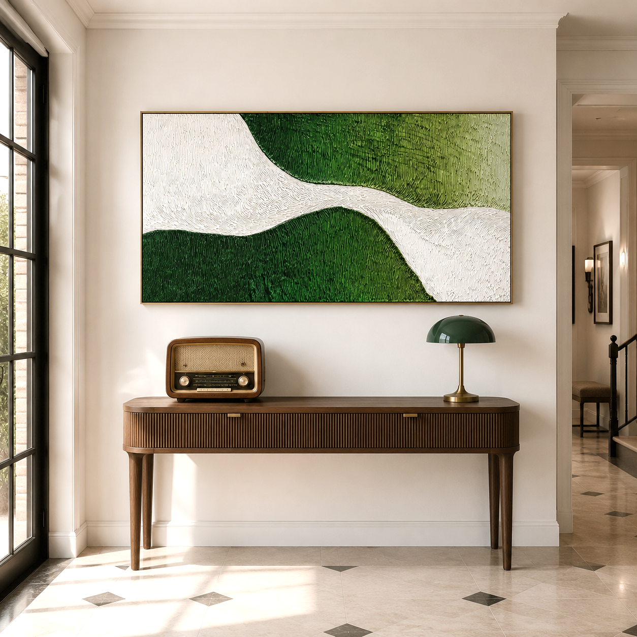 Hand-painted textured abstract wall art with flowing white path and green shades