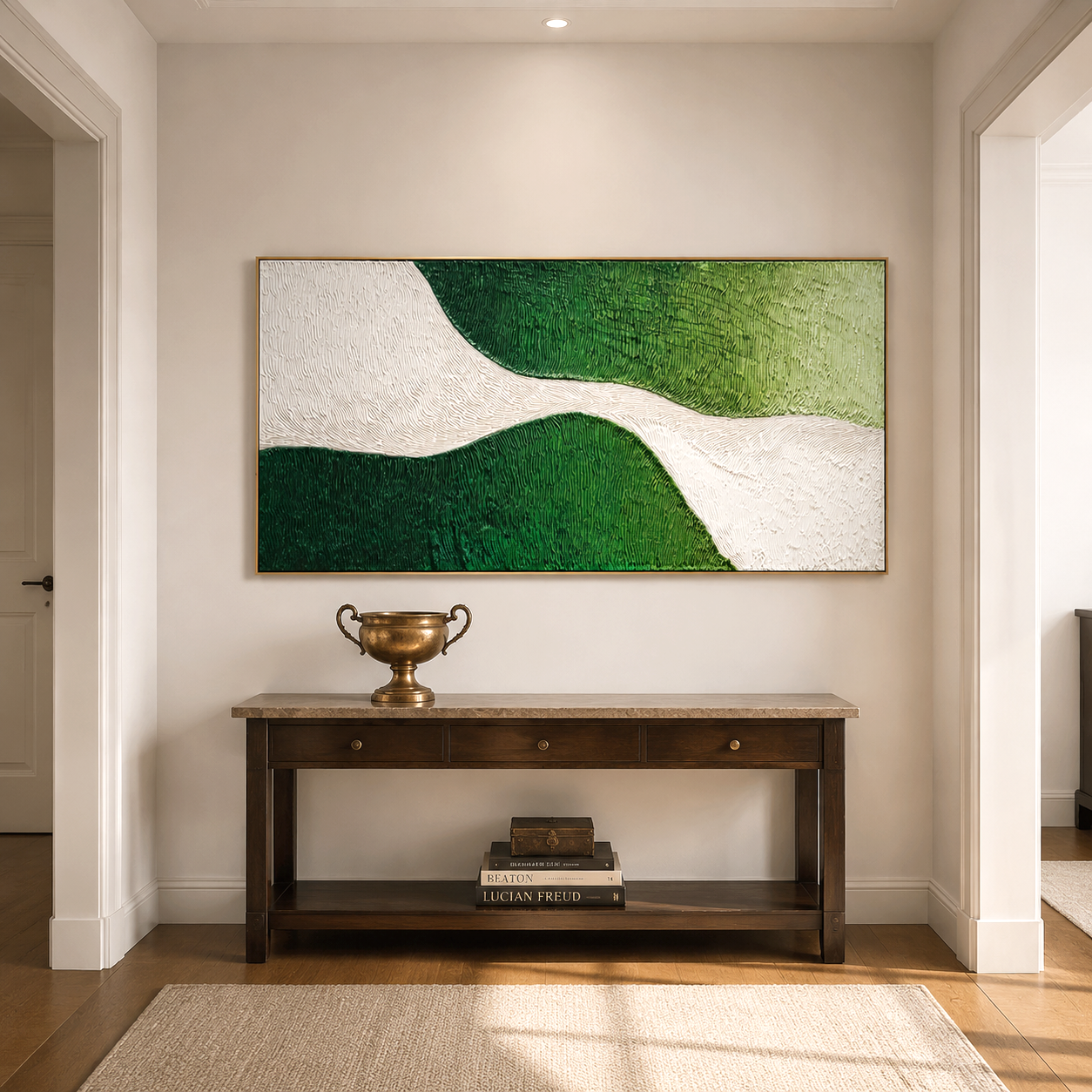 Hand-painted textured abstract wall art with flowing white path and green shades
