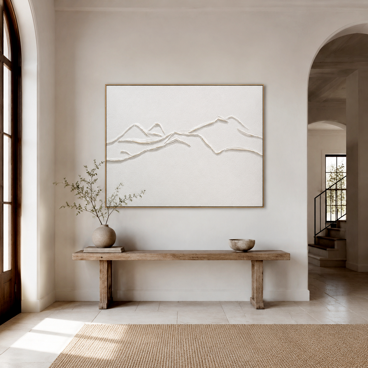 Minimalist white textured mountain wall art with 3D raised lines