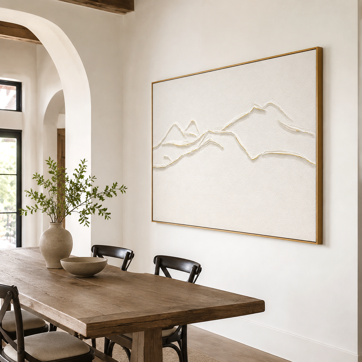 Minimalist white textured mountain wall art with 3D raised lines