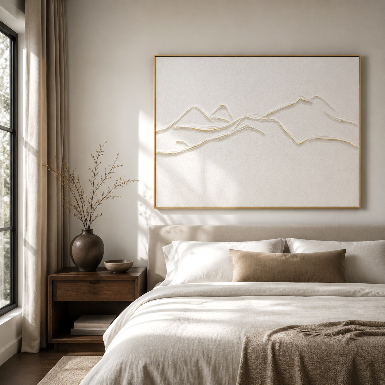 Minimalist white textured mountain wall art with 3D raised lines
