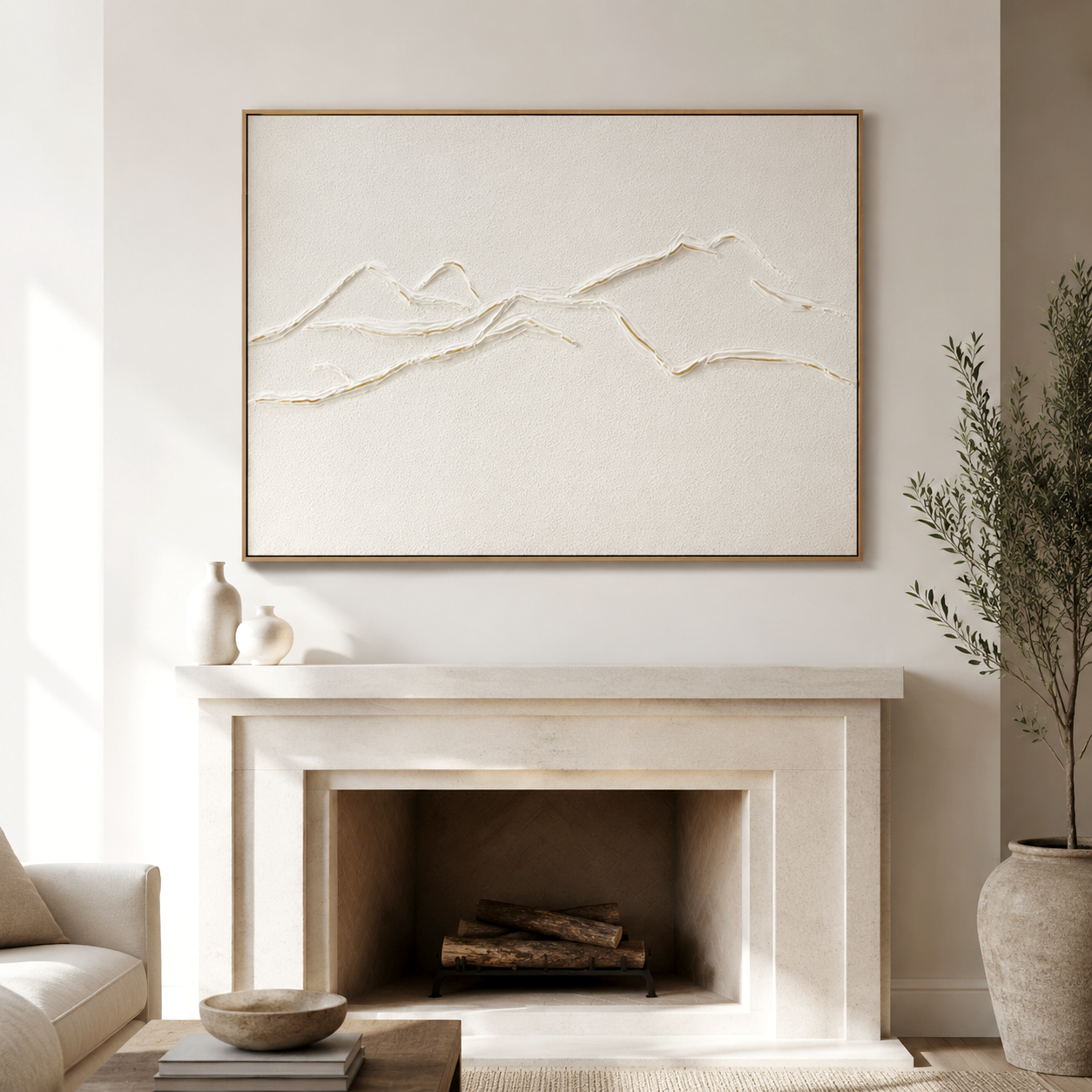 Minimalist white textured mountain wall art with 3D raised lines