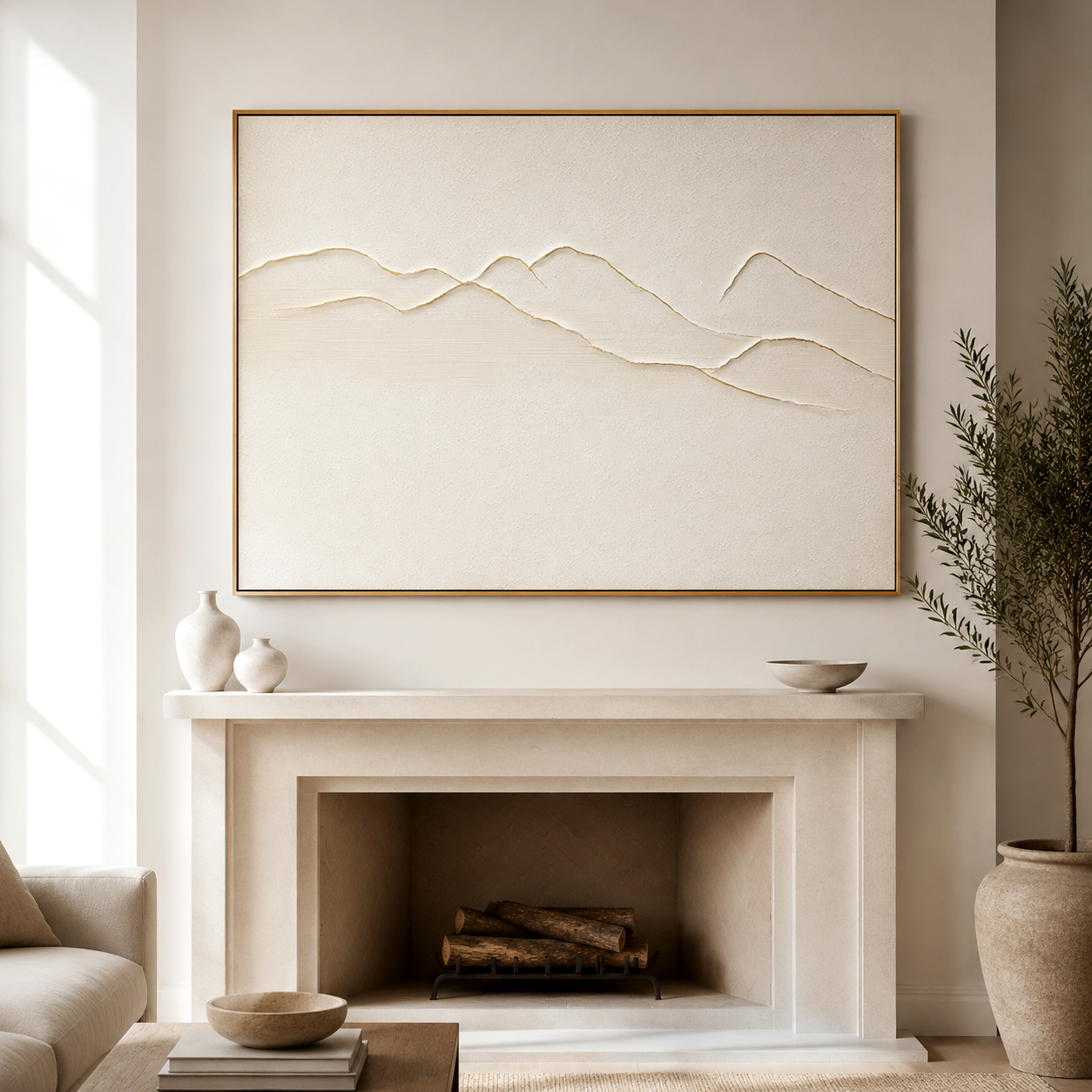Minimalist beige textured mountain wall art with 3D raised lines