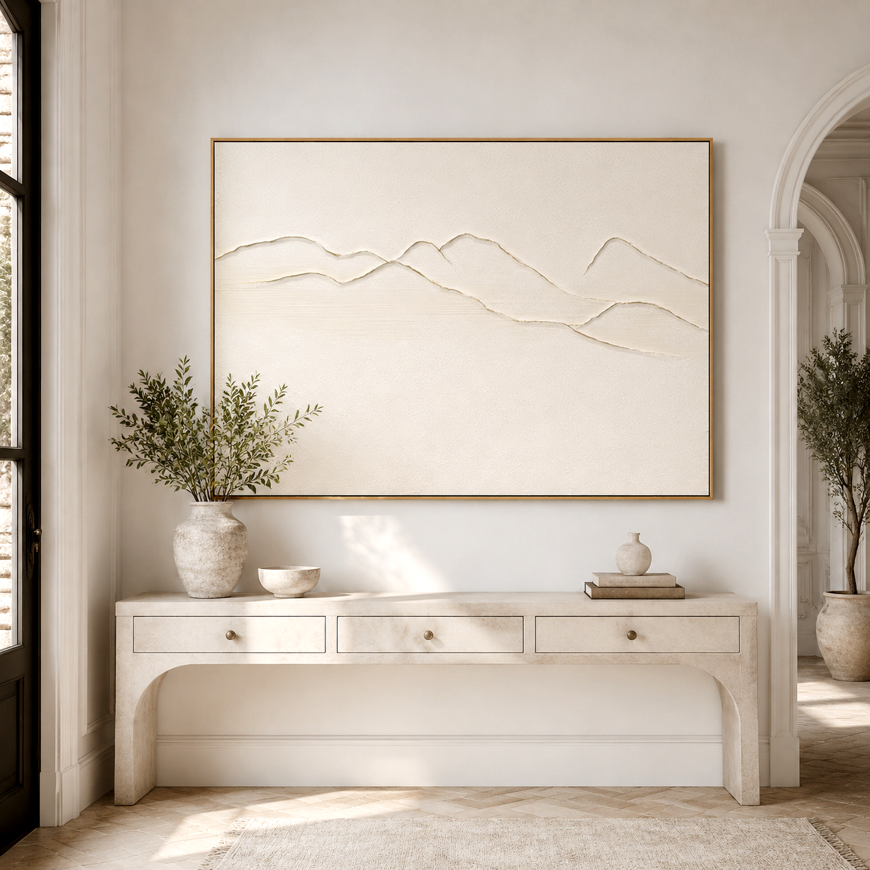 Minimalist beige textured mountain wall art with 3D raised lines