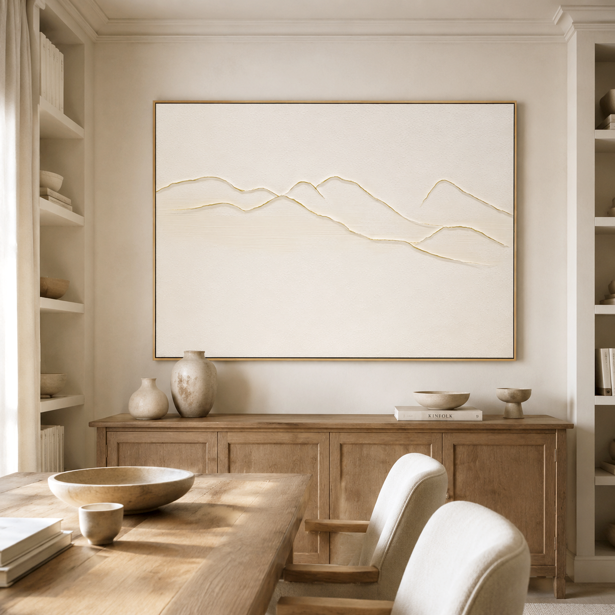 Minimalist beige textured mountain wall art with 3D raised lines