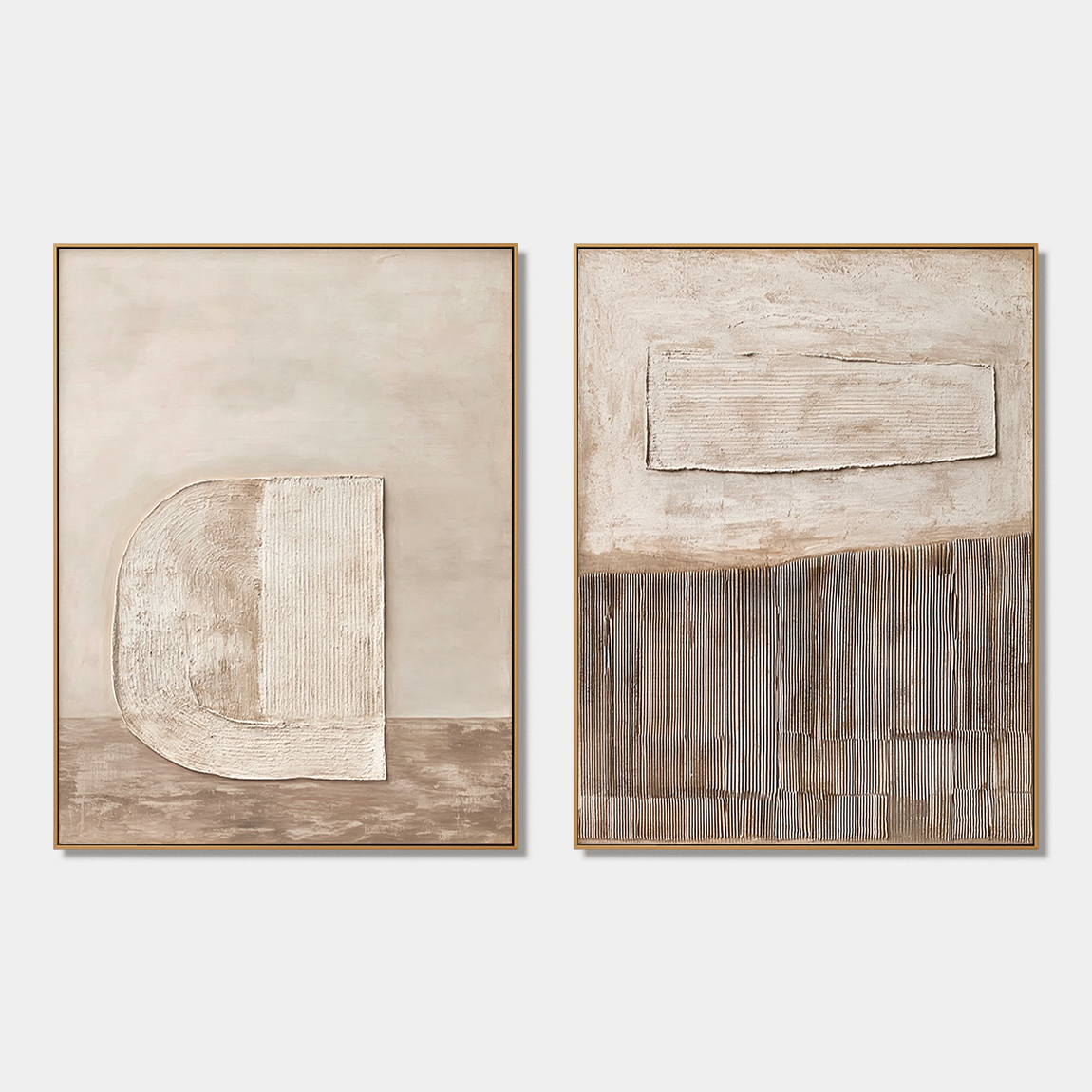 Neutral minimalist textured abstract diptych wall art set in beige and taupe