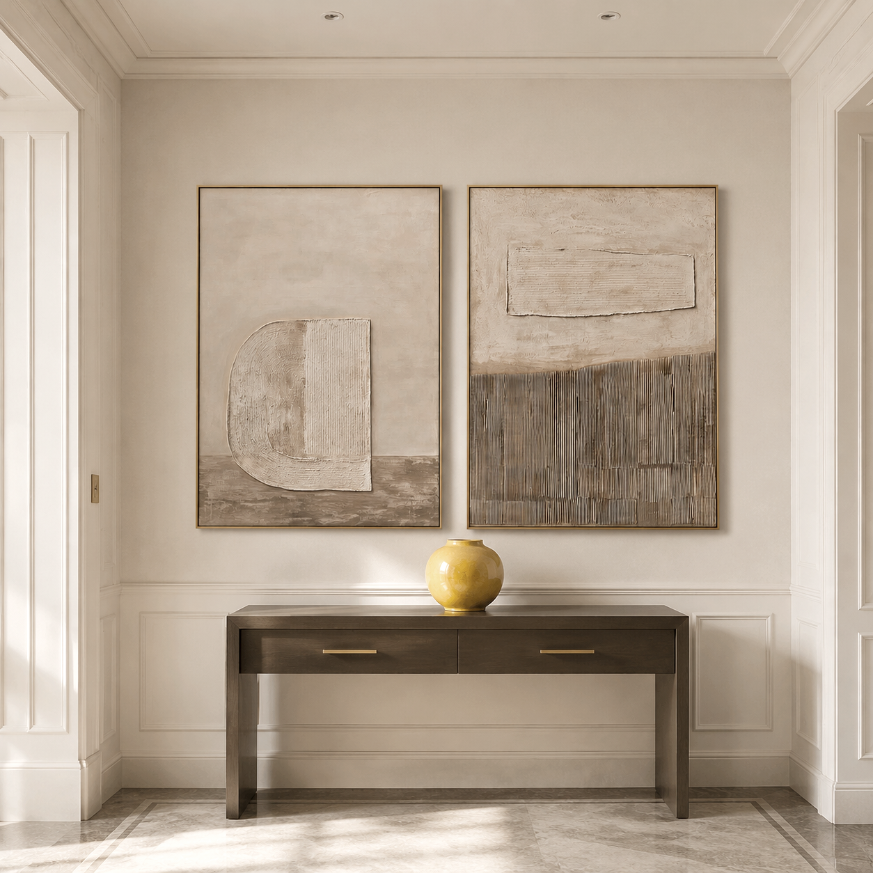 Neutral minimalist textured abstract diptych wall art set in beige and taupe