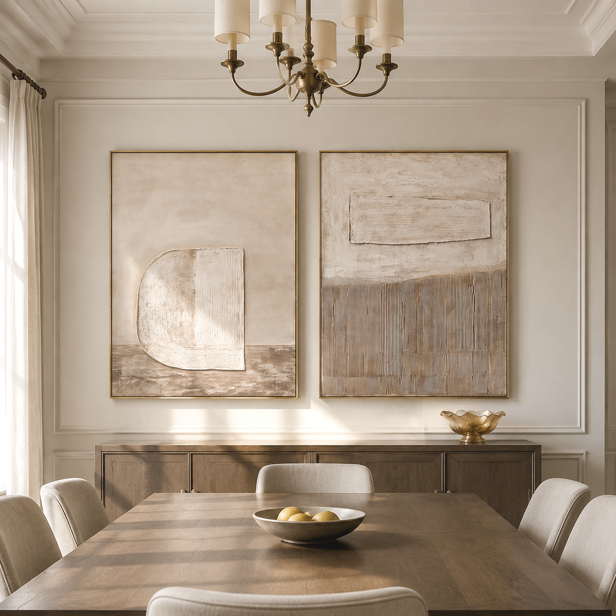 Neutral minimalist textured abstract diptych wall art set in beige and taupe