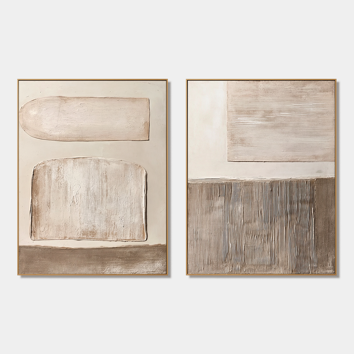 Neutral textured abstract diptych wall art set with hand-painted geometric shapes