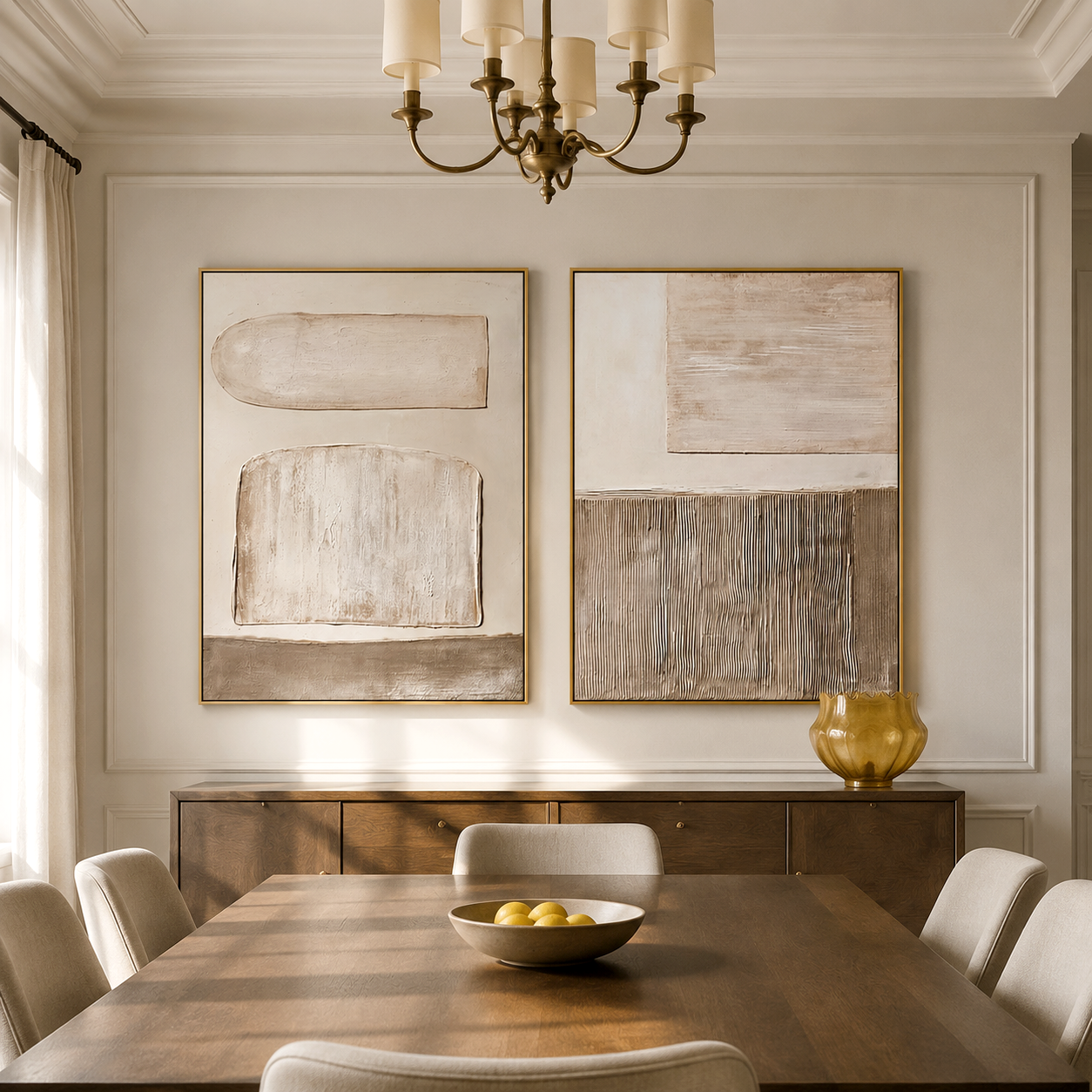 Neutral textured abstract diptych wall art set with hand-painted geometric shapes