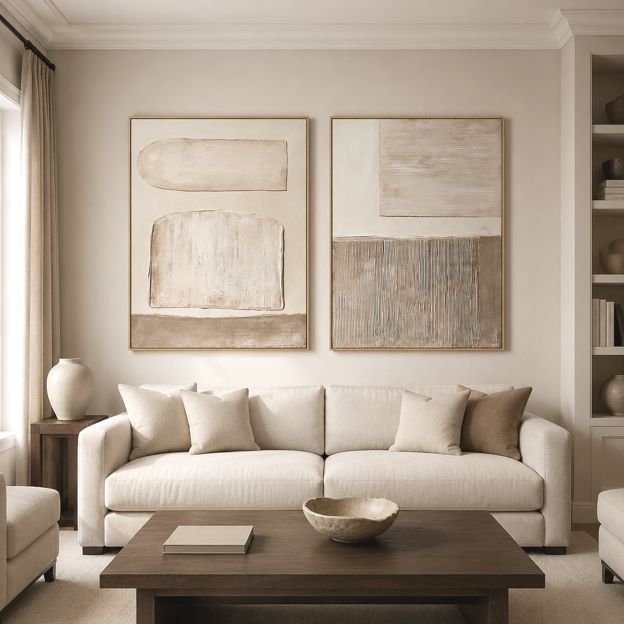 Neutral textured abstract diptych wall art set with hand-painted geometric shapes