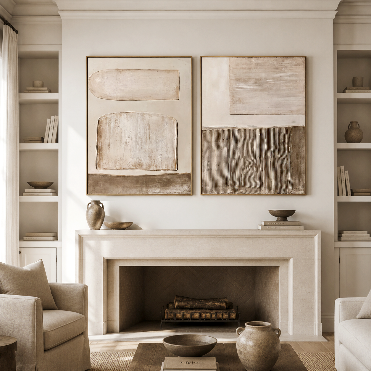 Neutral textured abstract diptych wall art set with hand-painted geometric shapes