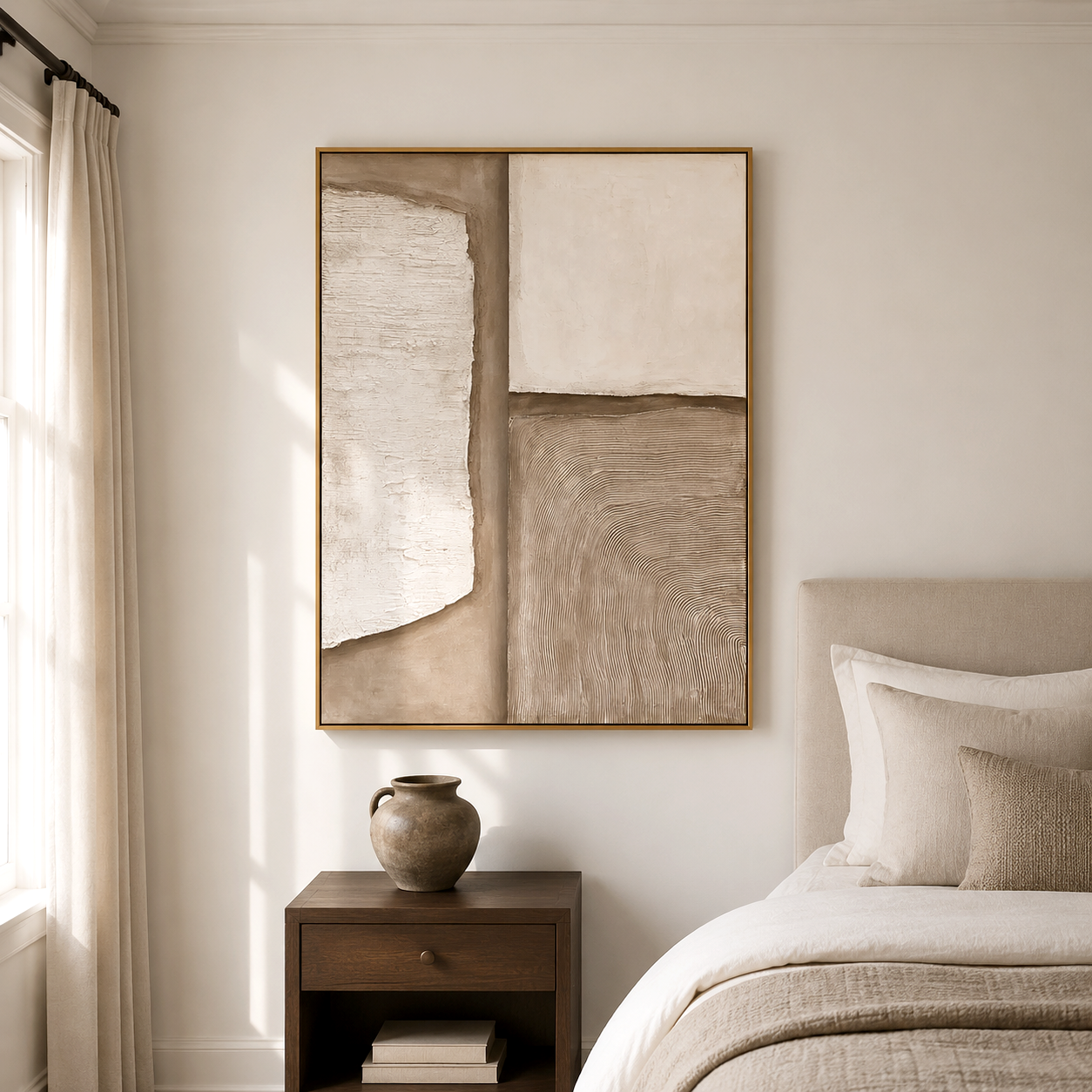 Neutral textured abstract wall art with hand-painted minimalist design in beige
