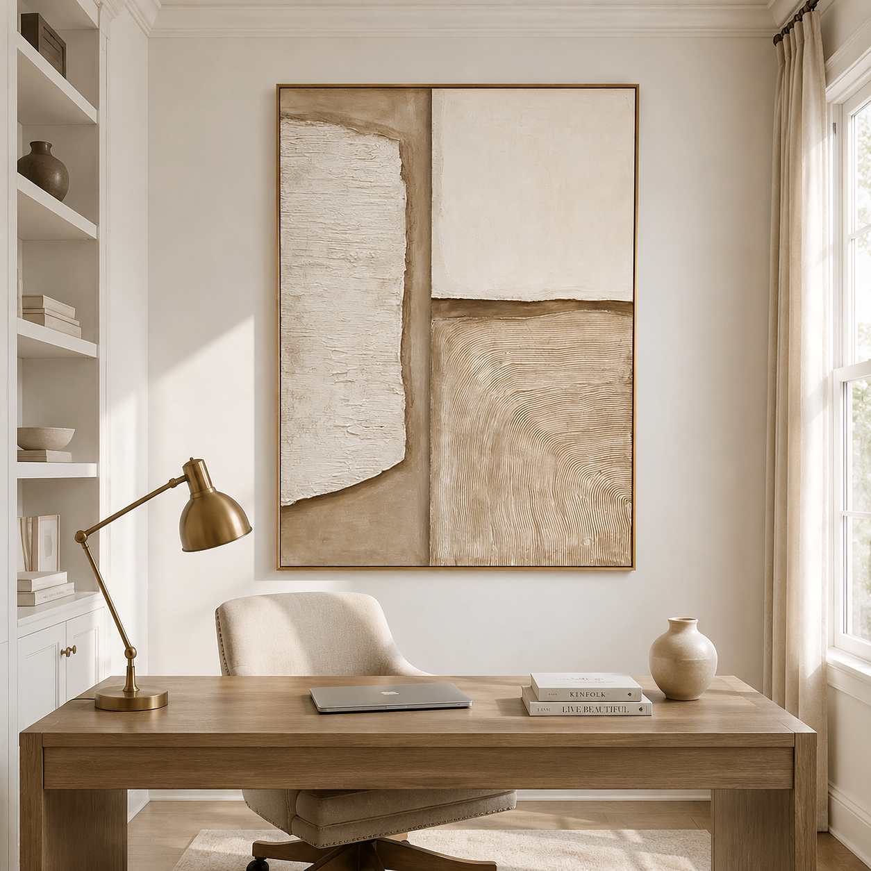 Neutral textured abstract wall art with hand-painted minimalist design in beige