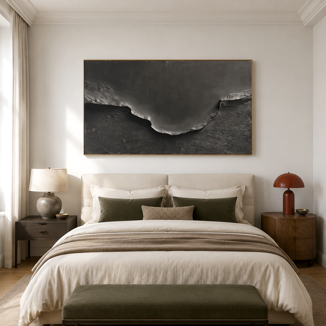 Hand-painted black textured abstract landscape wall art with 3D surface