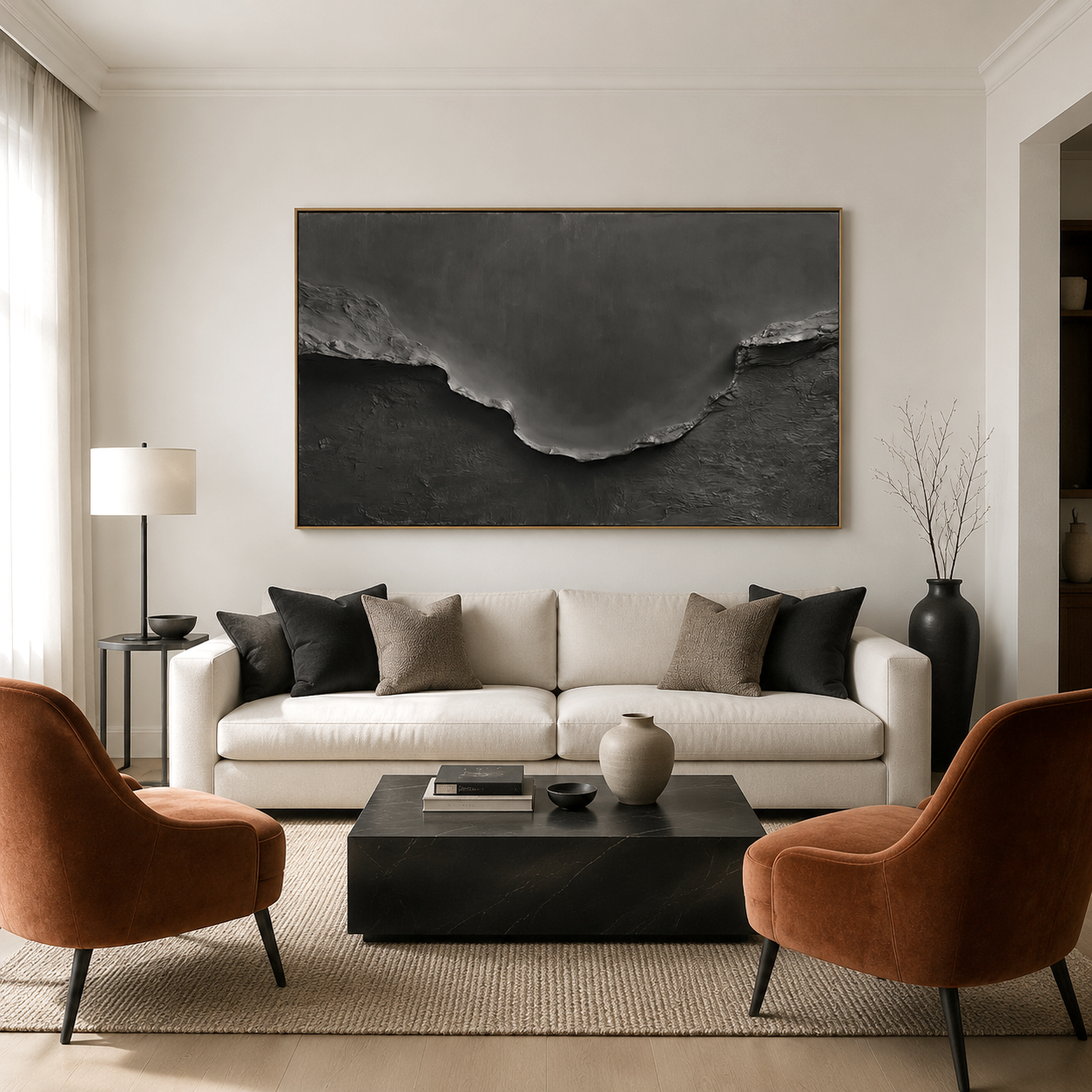 Hand-painted black textured abstract landscape wall art with 3D surface