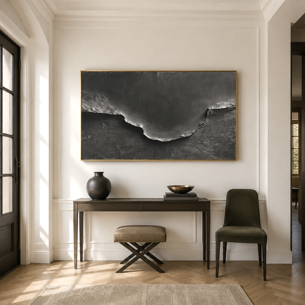 Hand-painted black textured abstract landscape wall art with 3D surface