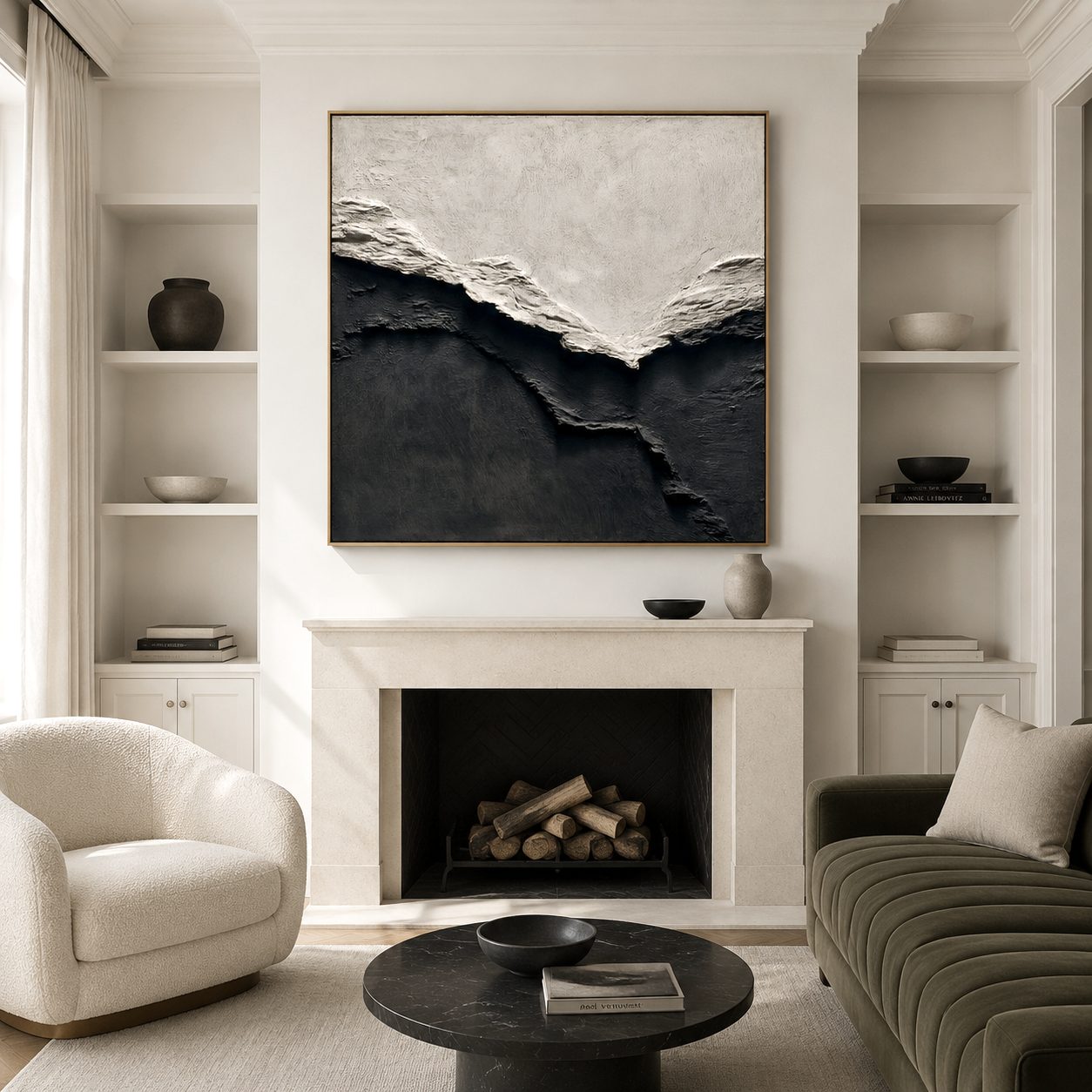 Hand-painted monochrome textured abstract landscape wall art in black and white