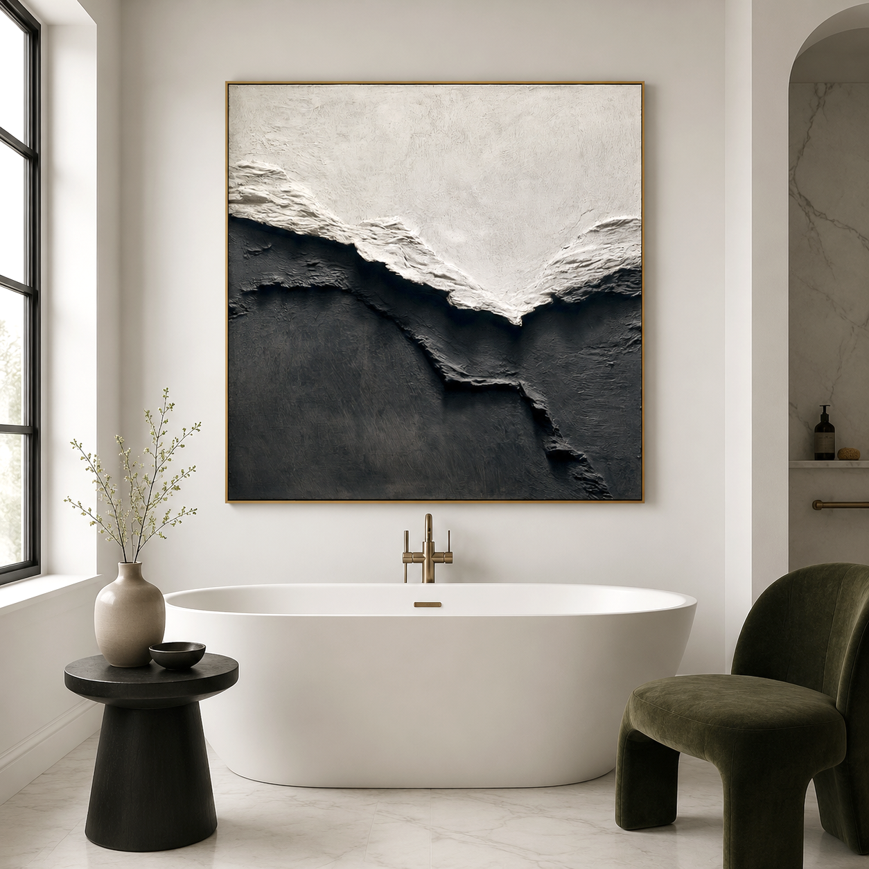 Hand-painted monochrome textured abstract landscape wall art in black and white