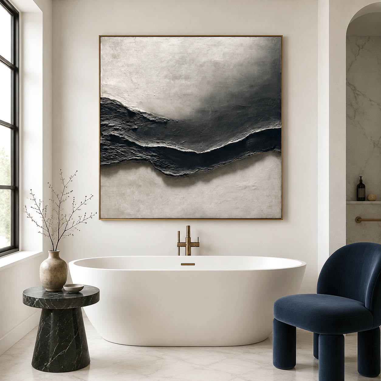 Hand-painted black and white textured abstract wall art with 3D layers