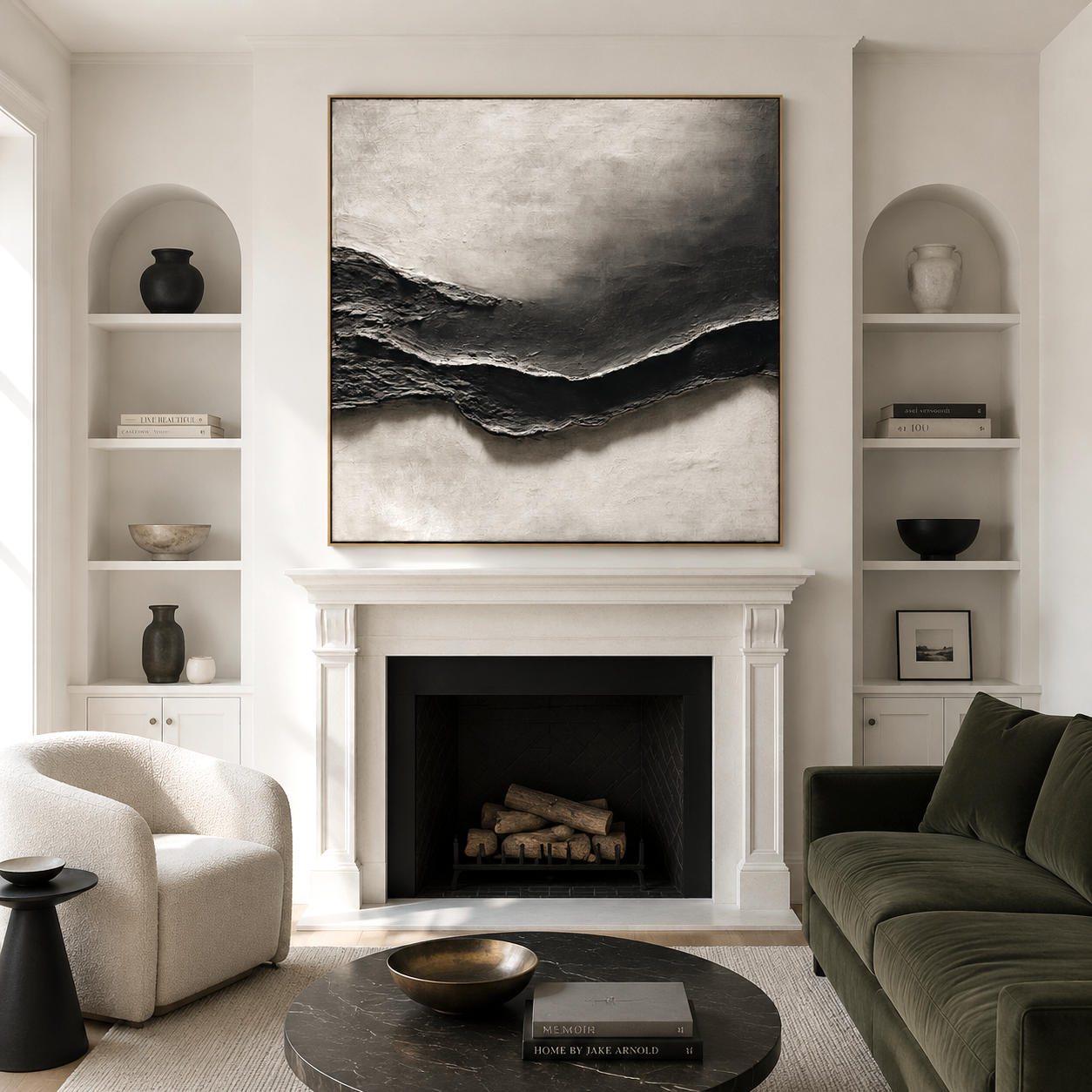 Hand-painted black and white textured abstract wall art with 3D layers
