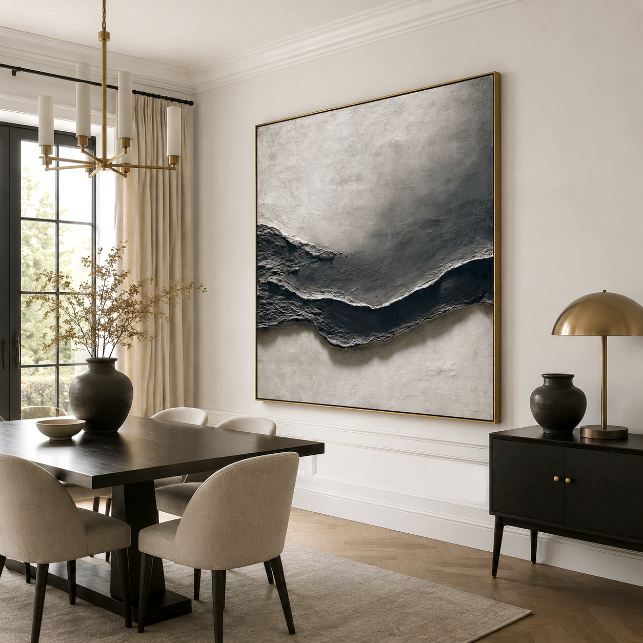 Hand-painted black and white textured abstract wall art with 3D layers