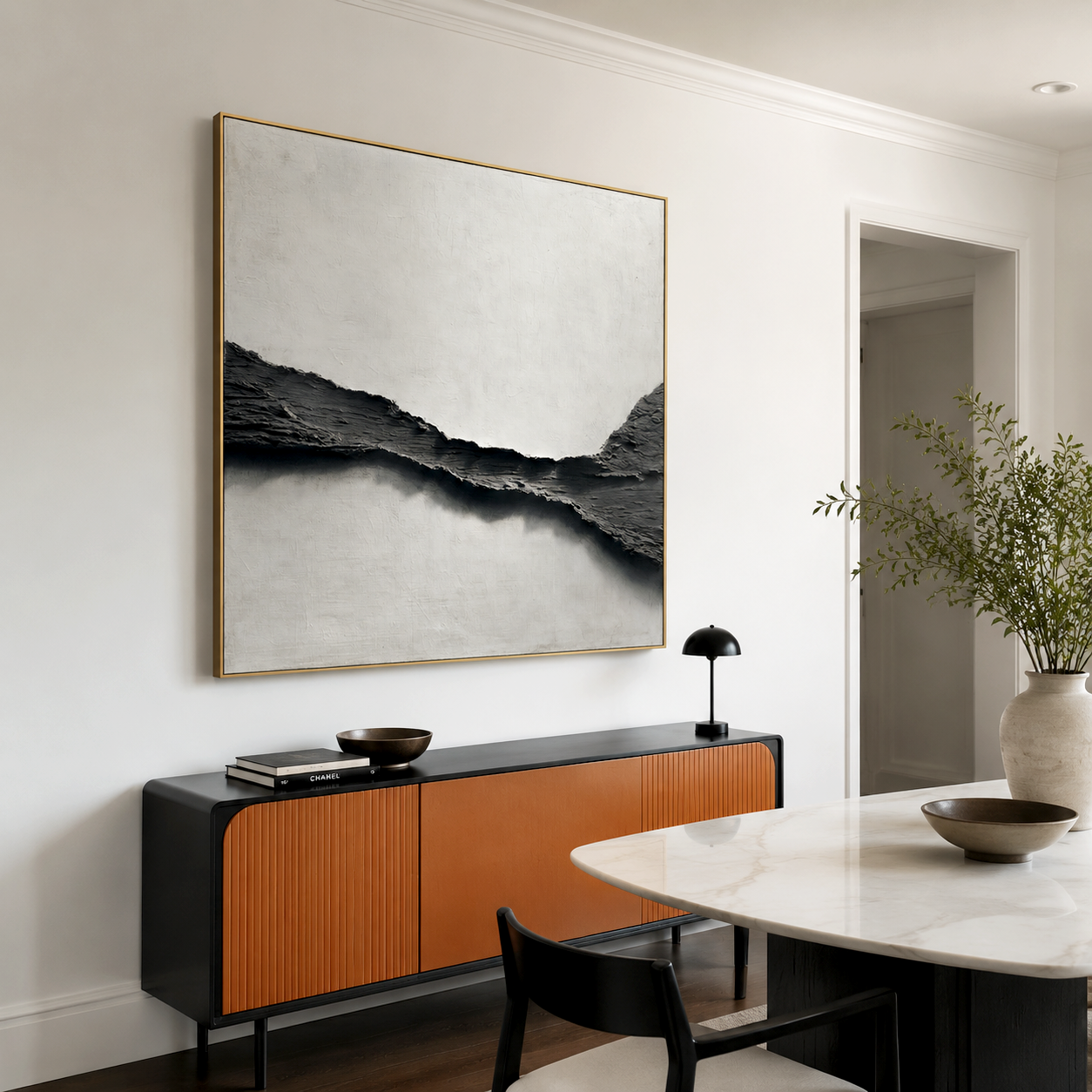Black and white abstract textured wall art with 3D impasto effect
