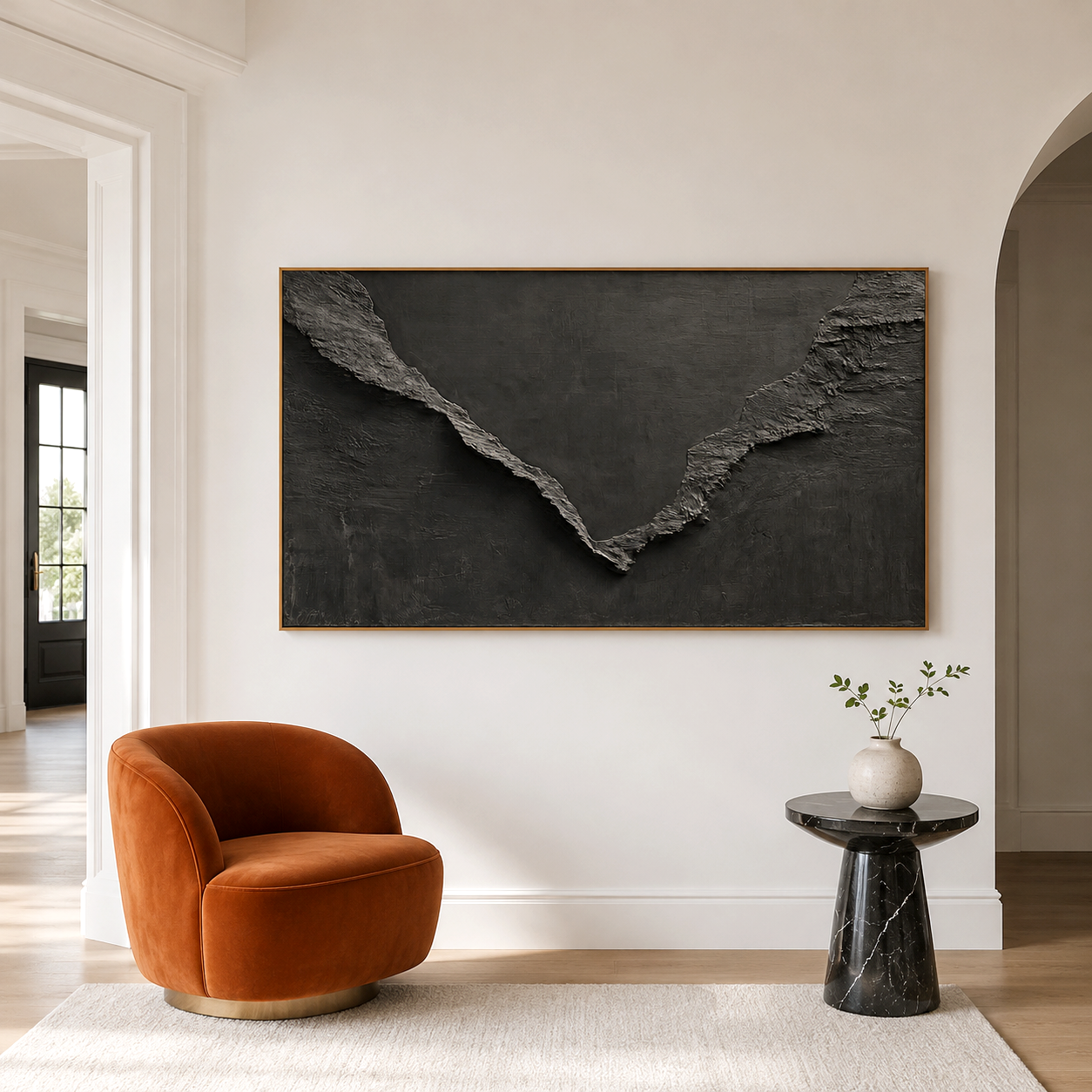 Black and gray textured abstract landscape painting for modern home décor
