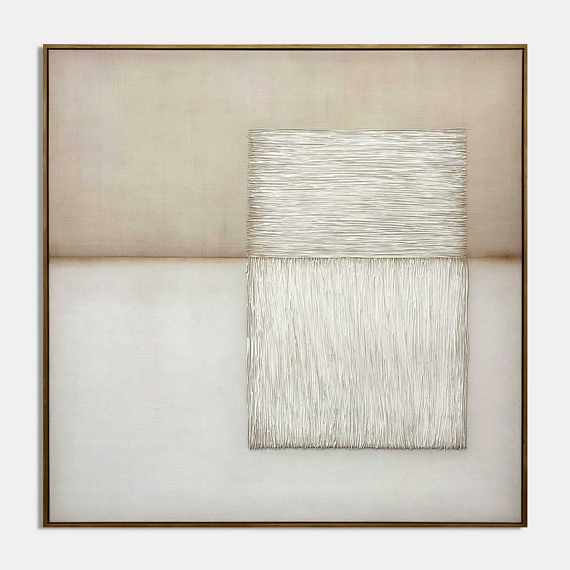 Minimalist abstract textured painting in neutral tones with layered canvas detail