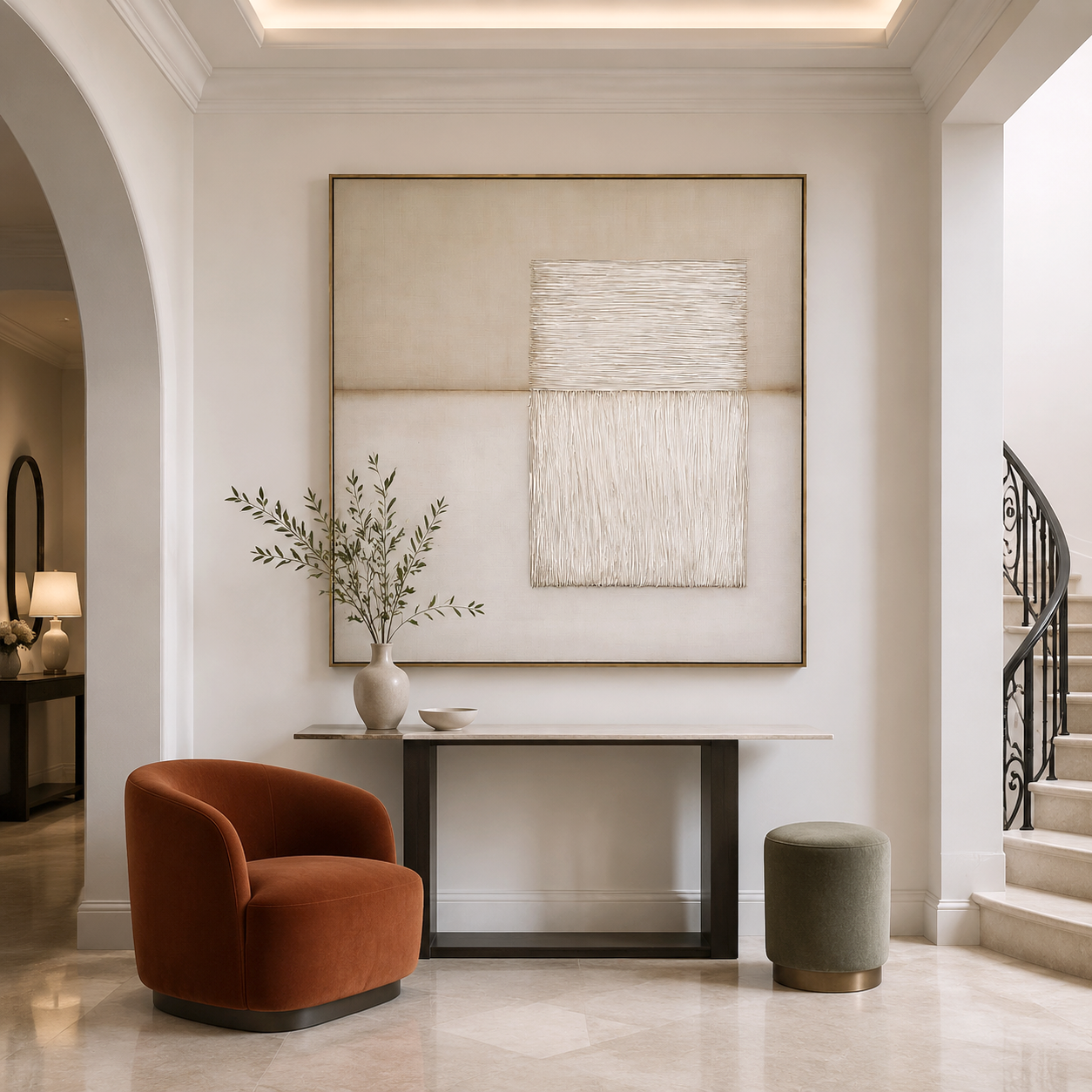 Minimalist abstract textured painting in neutral tones with layered canvas detail