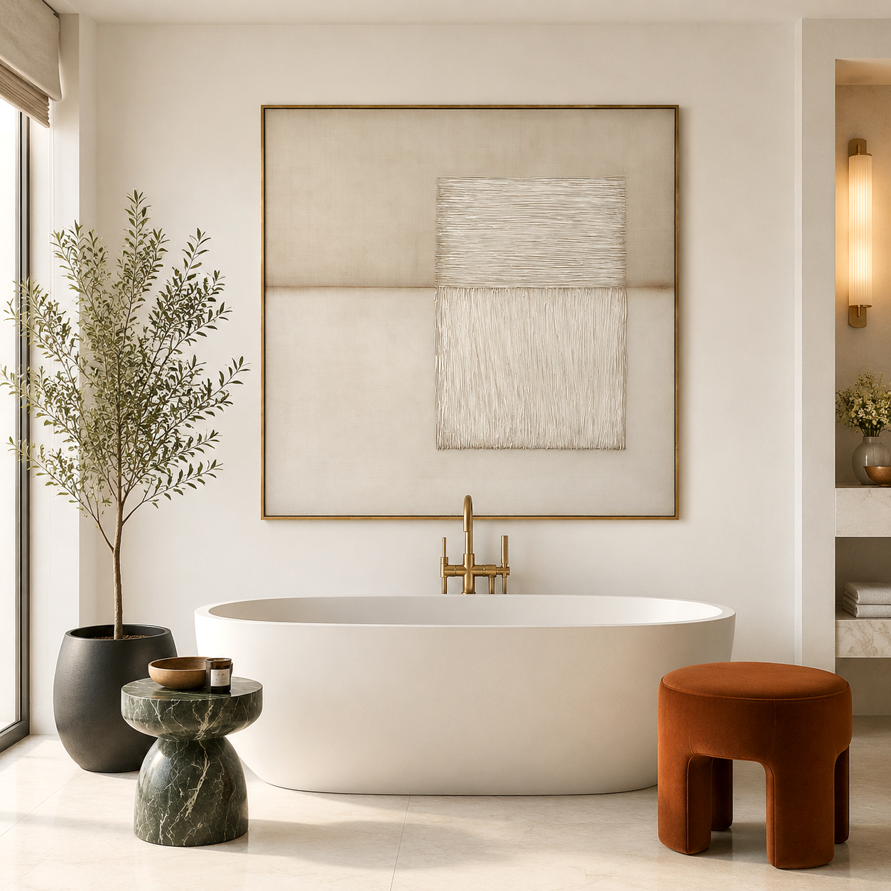 Minimalist abstract textured painting in neutral tones with layered canvas detail