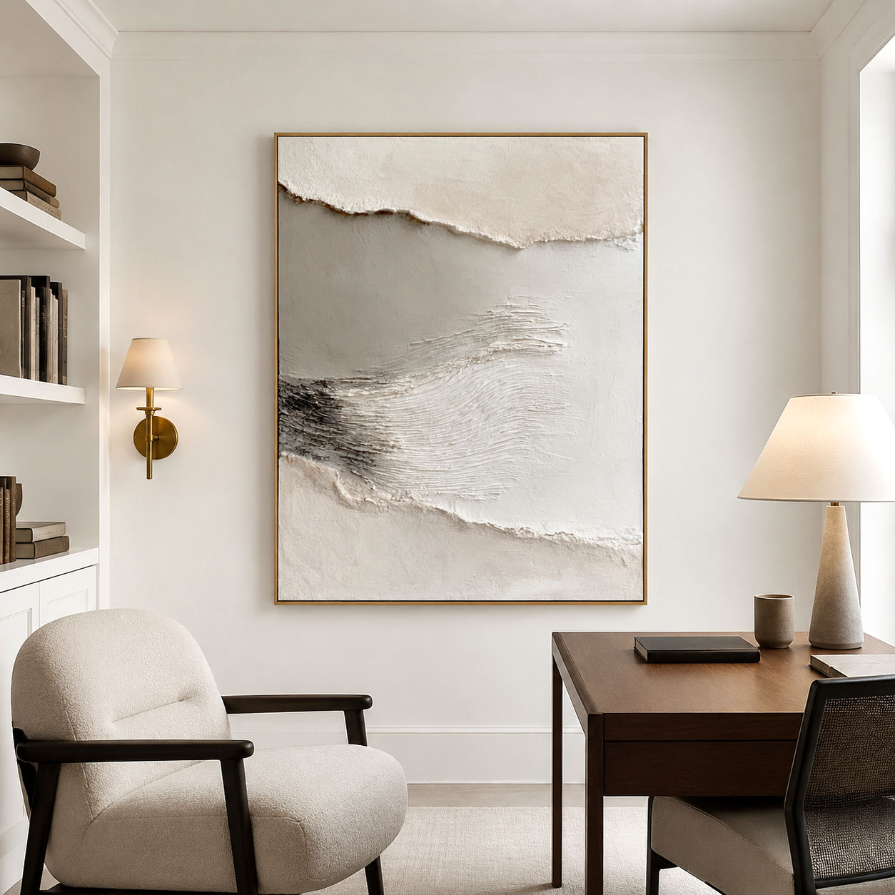 Minimalist abstract textured oil painting with neutral tones and layered 3D texture