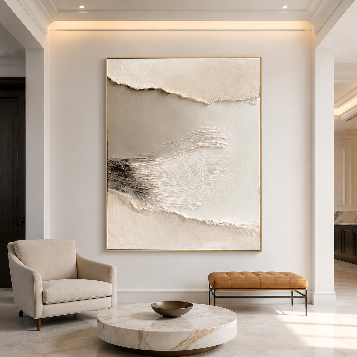 Minimalist abstract textured oil painting with neutral tones and layered 3D texture