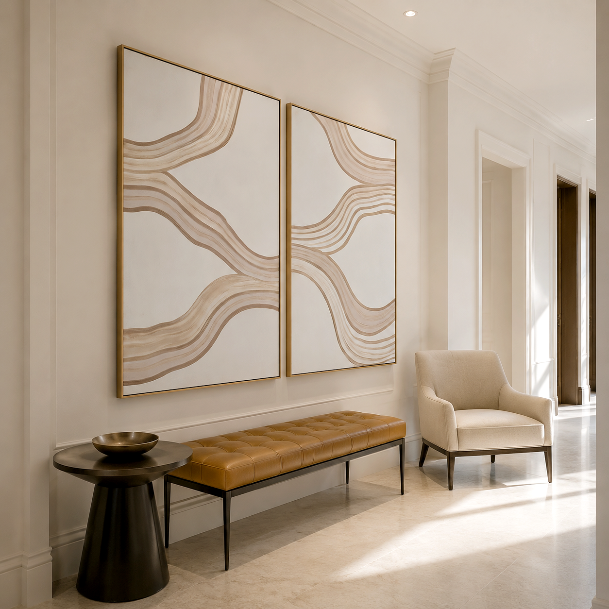 Minimalist abstract painting with beige, taupe, and cream flowing textured lines