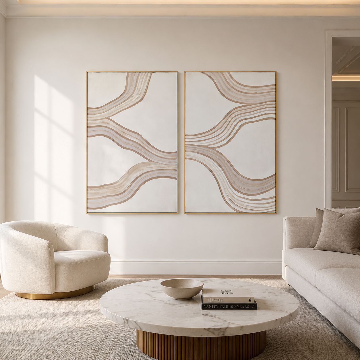 Minimalist abstract painting with beige, taupe, and cream flowing textured lines