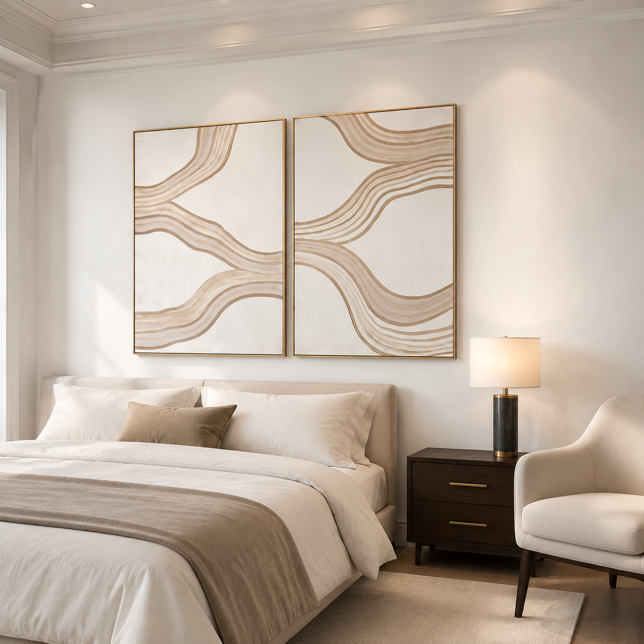 Minimalist abstract painting with beige, taupe, and cream flowing textured lines