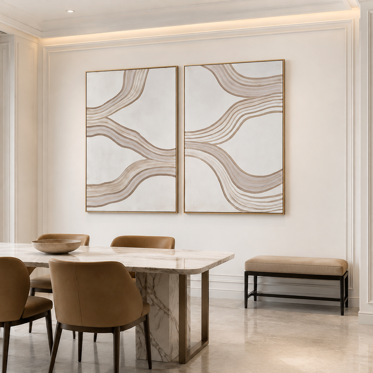 Minimalist abstract painting with beige, taupe, and cream flowing textured lines