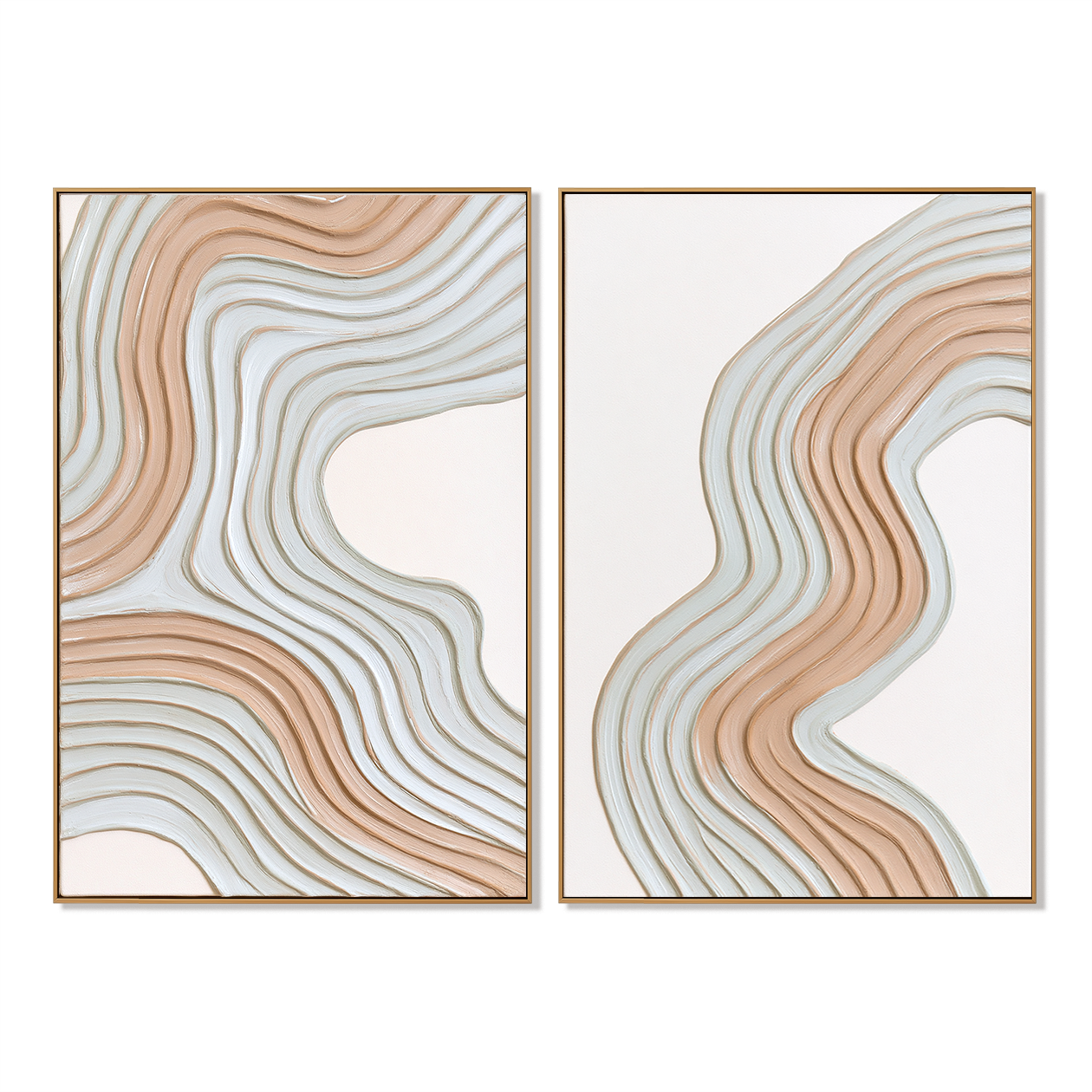Hand-painted minimalist abstract wall art with flowing beige, cream, and white lines