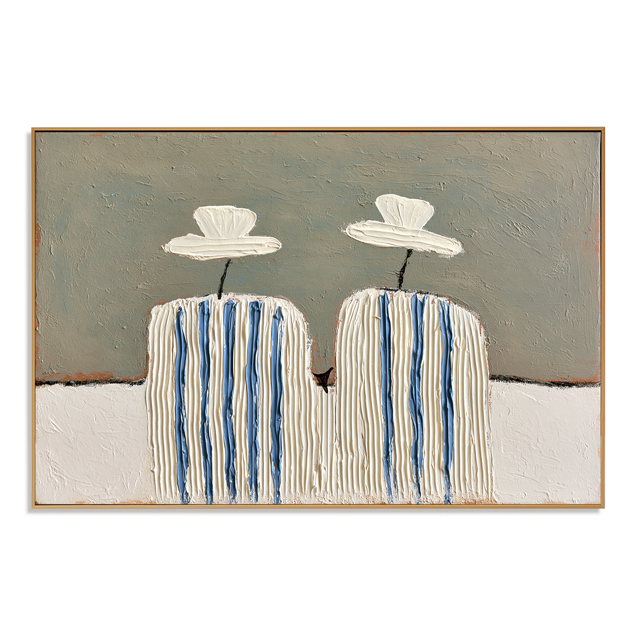 Hand-painted textured cactus wall art with cream and blue stripes