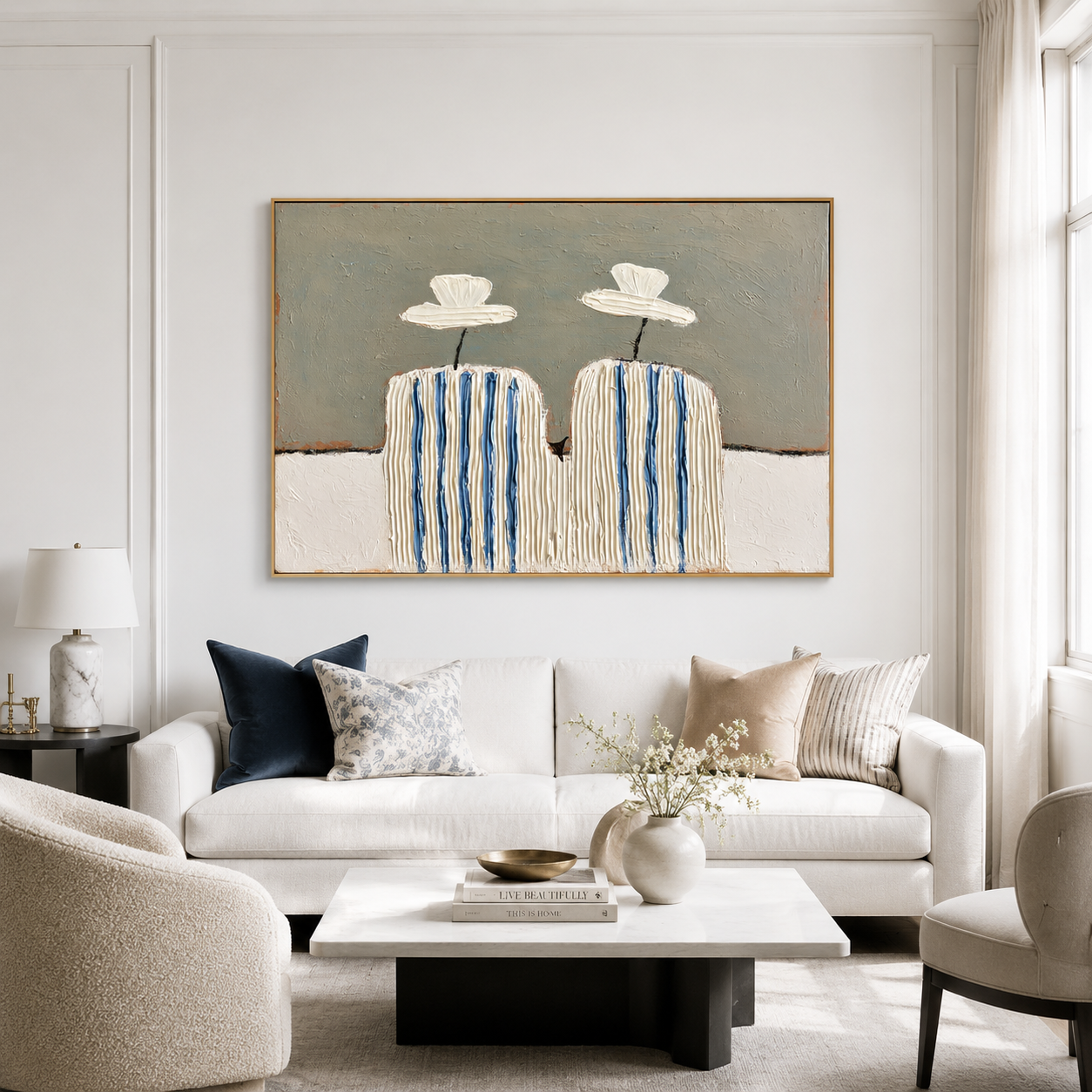 Hand-painted textured cactus wall art with cream and blue stripes