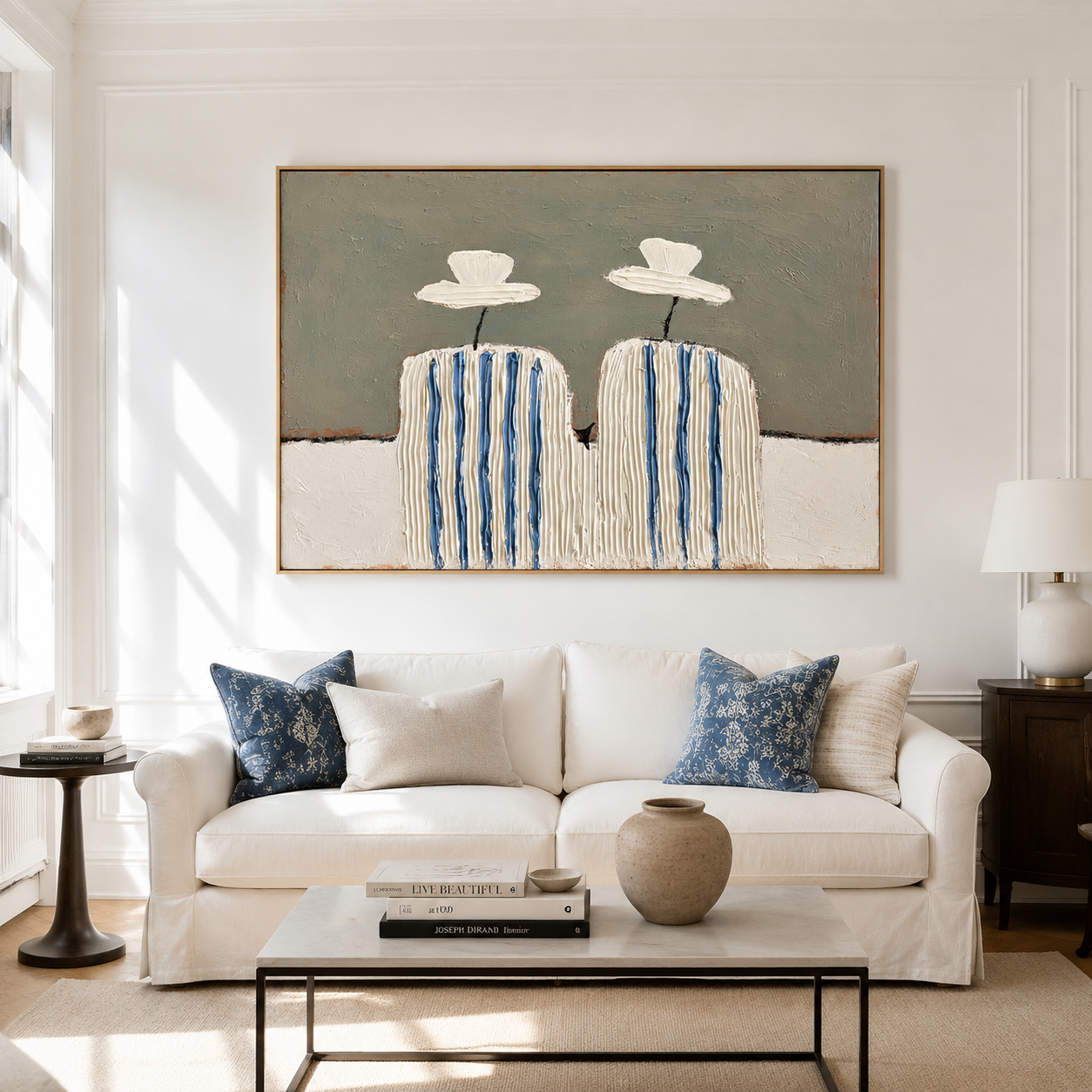 Hand-painted textured cactus wall art with cream and blue stripes