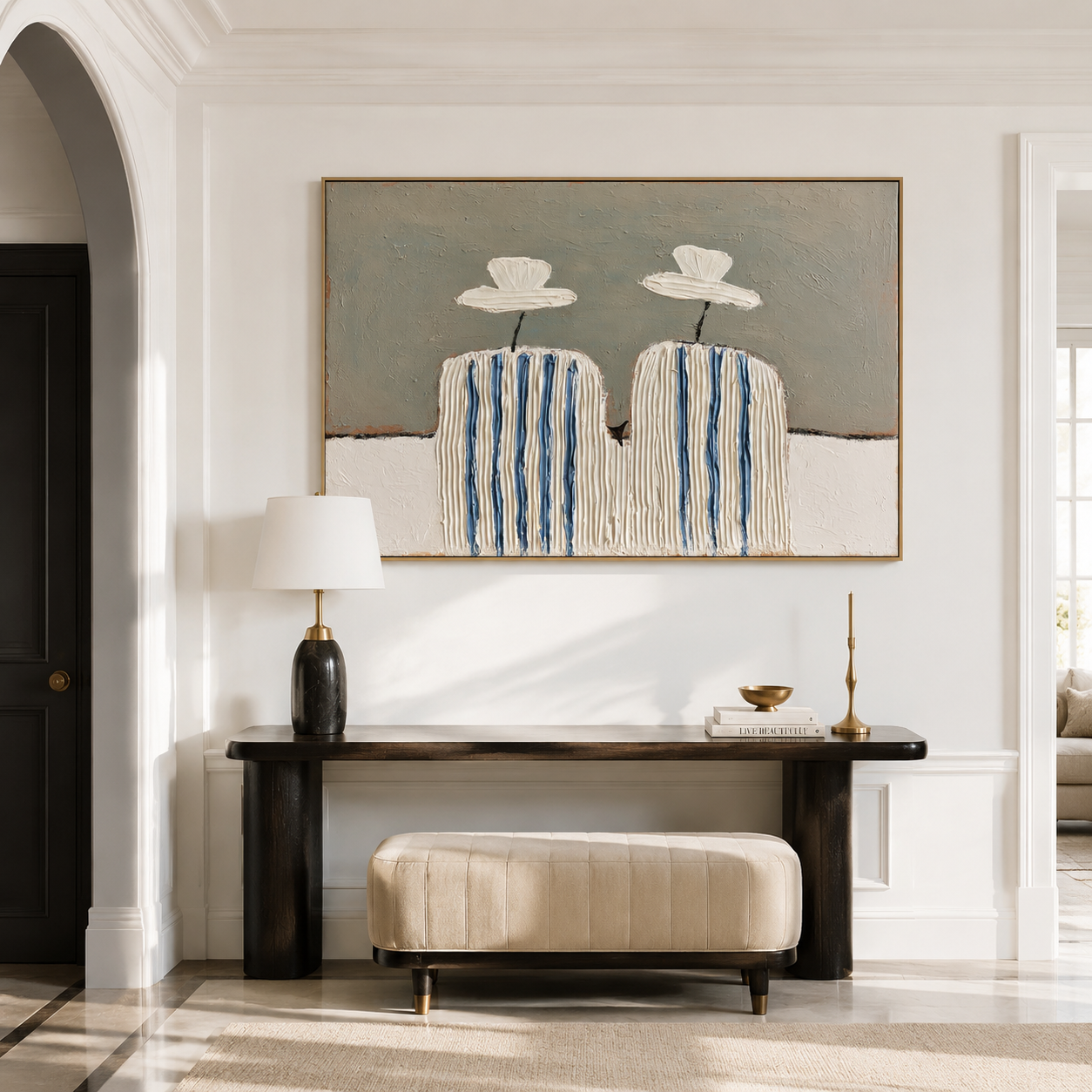 Hand-painted textured cactus wall art with cream and blue stripes