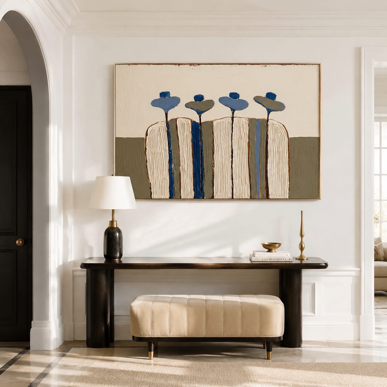 Hand-painted textured cactus wall art with four stylized cacti in cream, blue, and green