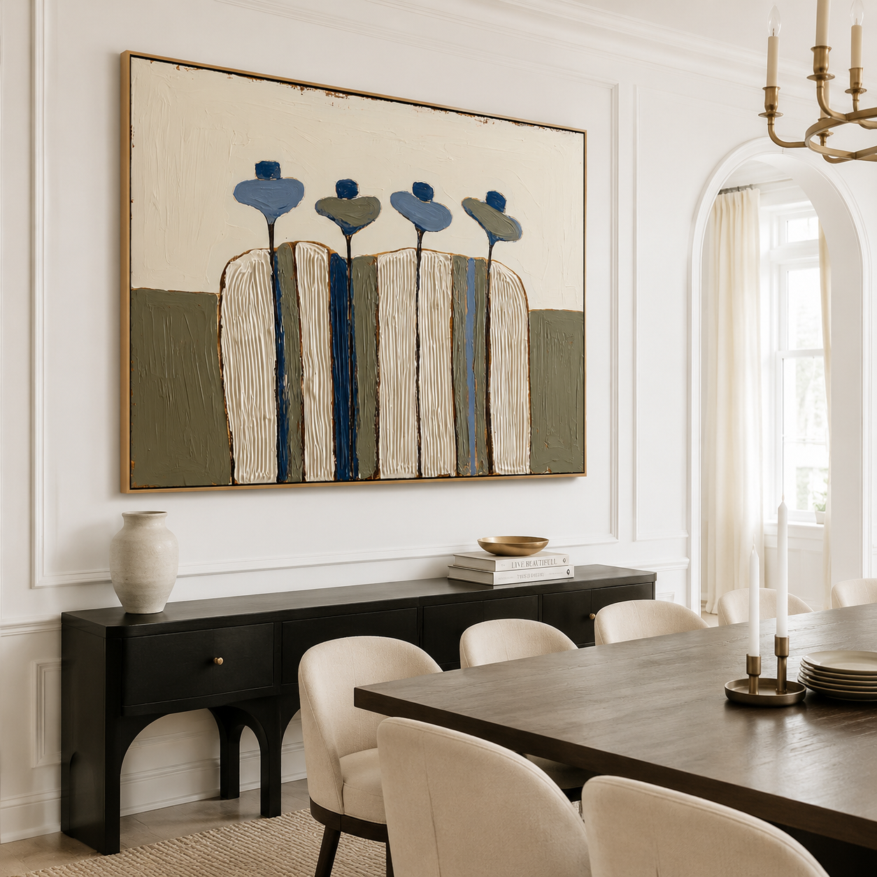 Hand-painted textured cactus wall art with four stylized cacti in cream, blue, and green