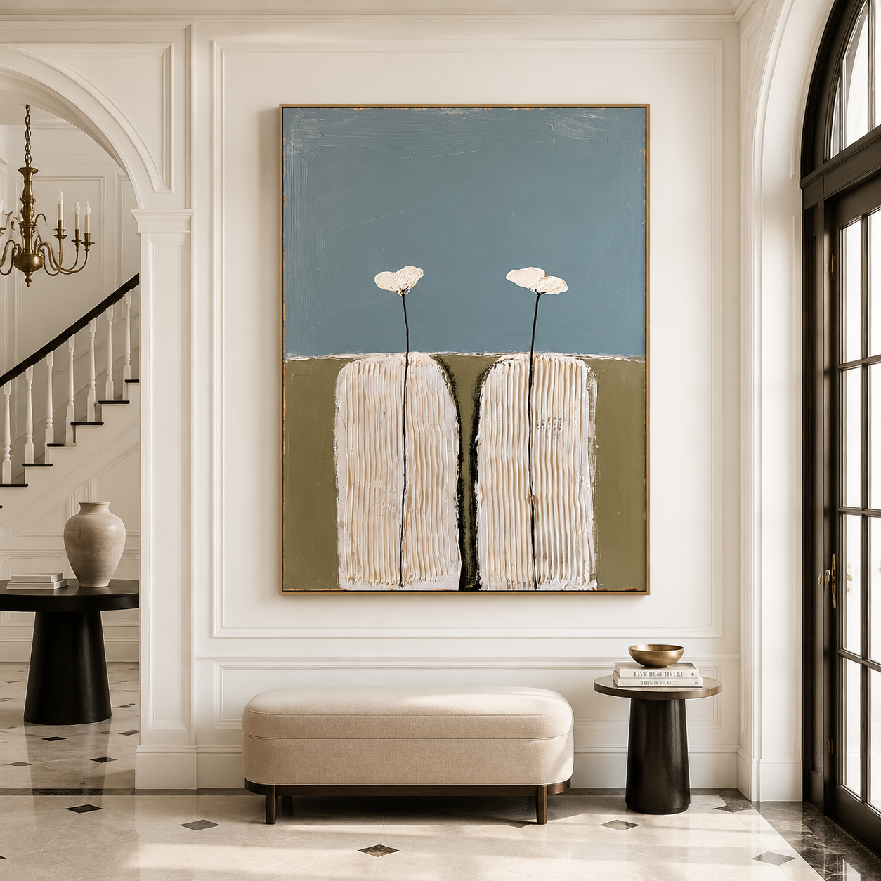 Hand-painted textured cactus wall art with two stylized cream cacti topped with white flowers