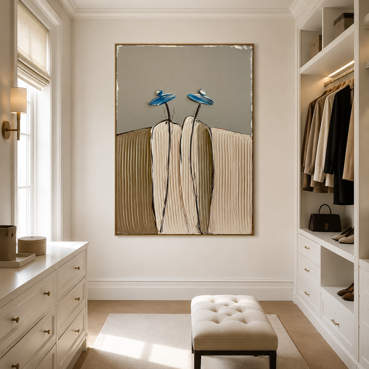 Hand-painted textured cactus wall art with two cream cacti topped with blue flowers