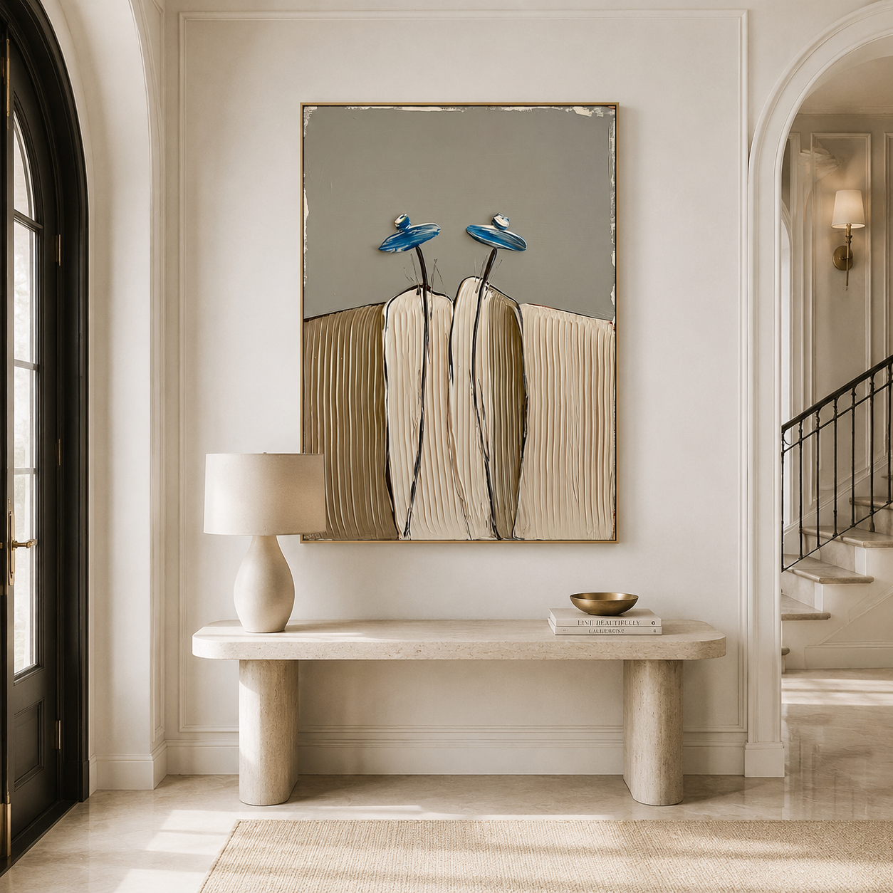 Hand-painted textured cactus wall art with two cream cacti topped with blue flowers