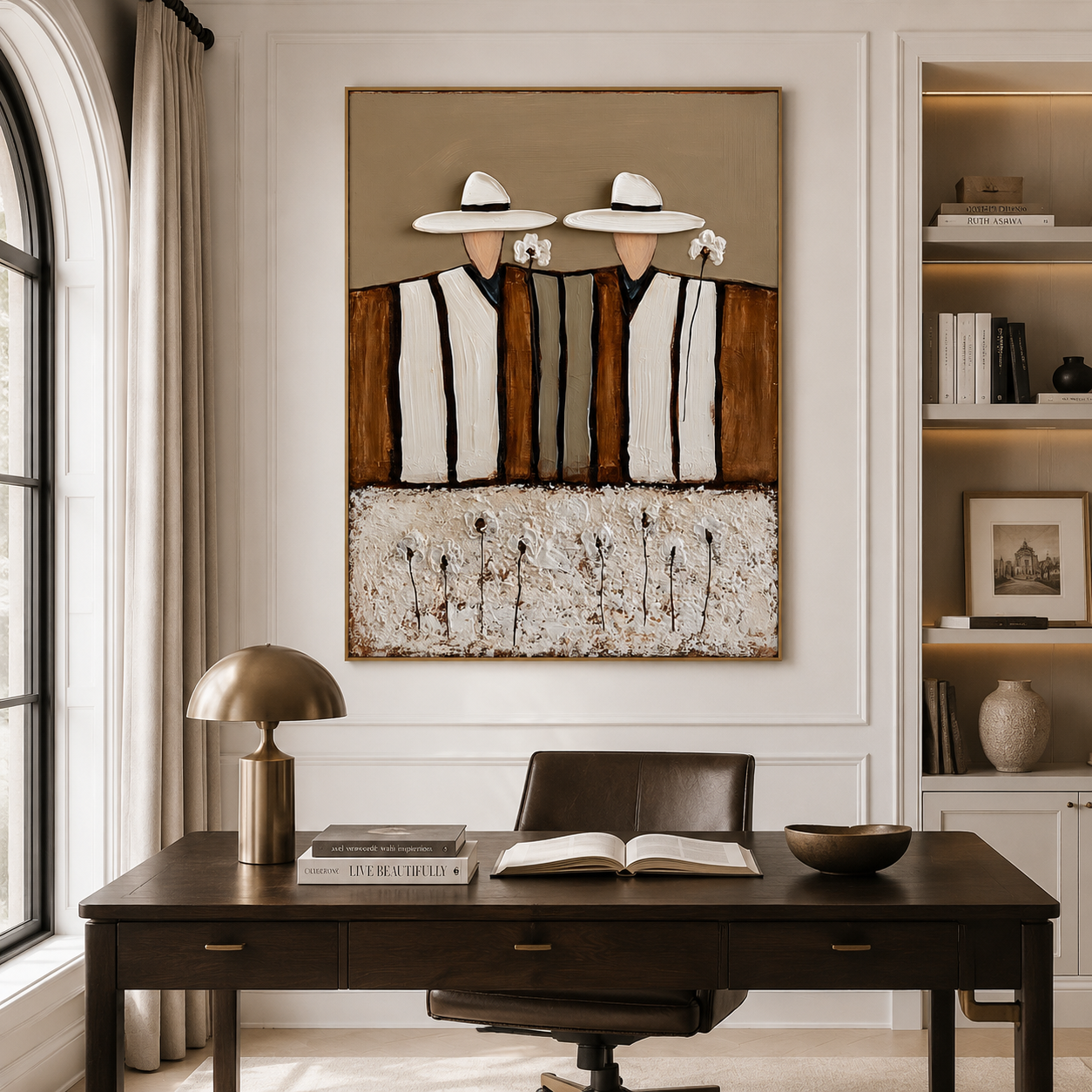 Hand-painted textured couple in hats with white flowers, minimalist wall art