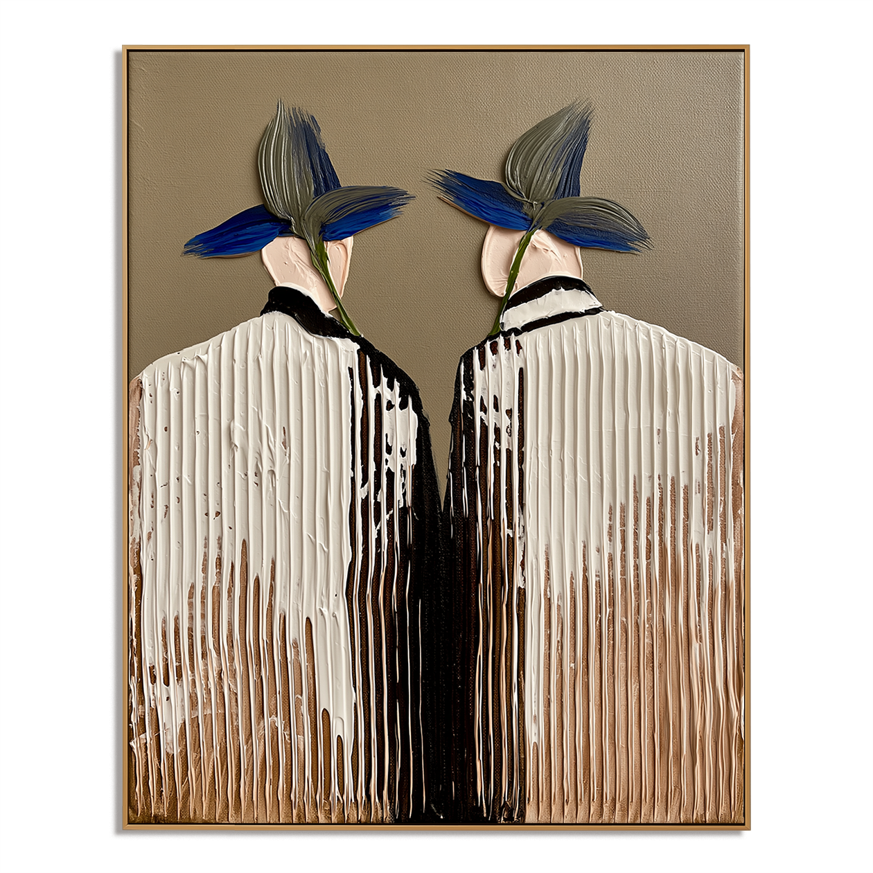 Hand-painted textured couple in hats with blue and green flowers, modern wall art