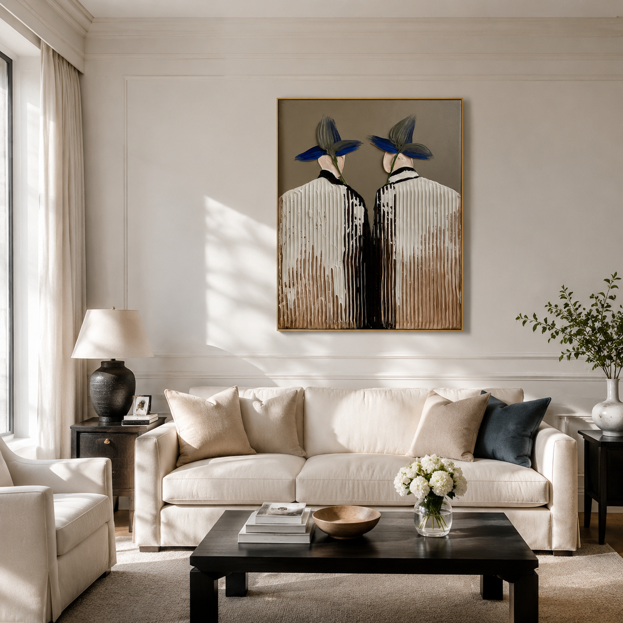 Hand-painted textured couple in hats with blue and green flowers, modern wall art